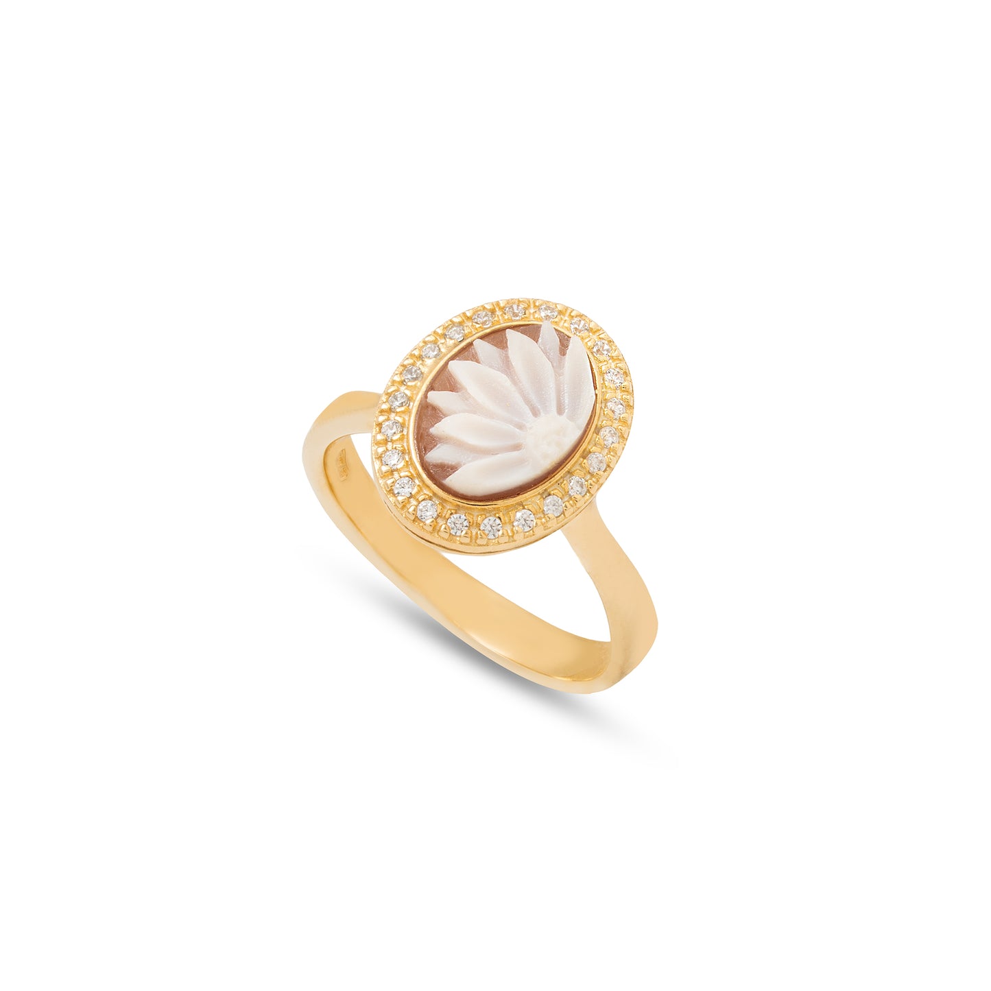 Anello in argento dorato con cammeo centrale, collezione Flora