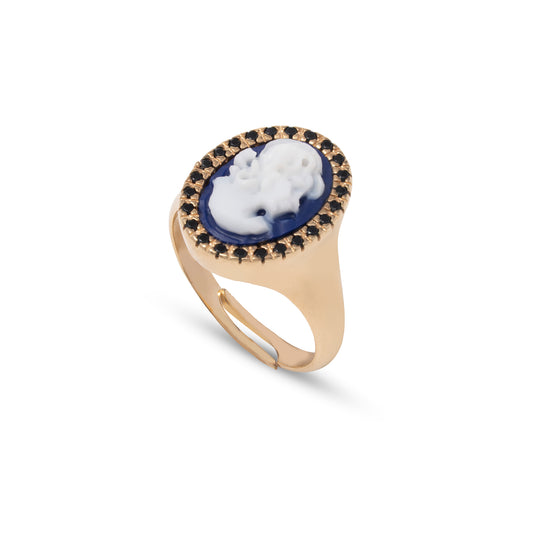 Anello in pietra minerale blu con cammeo volto di donna - Cameo Italiano