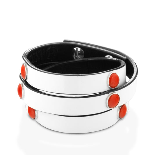 Bracciale in pelle bianca indossabile a tre giri con spole di corallo rosso - Antonino De Simone