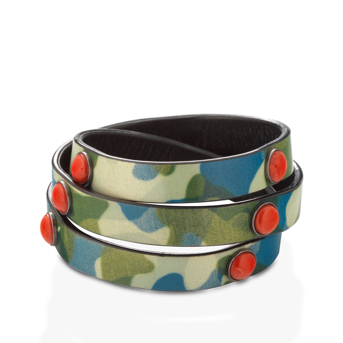 Bracciale  a tre giri in pelle effetto camouflage e Corallo - Antonino De Simone