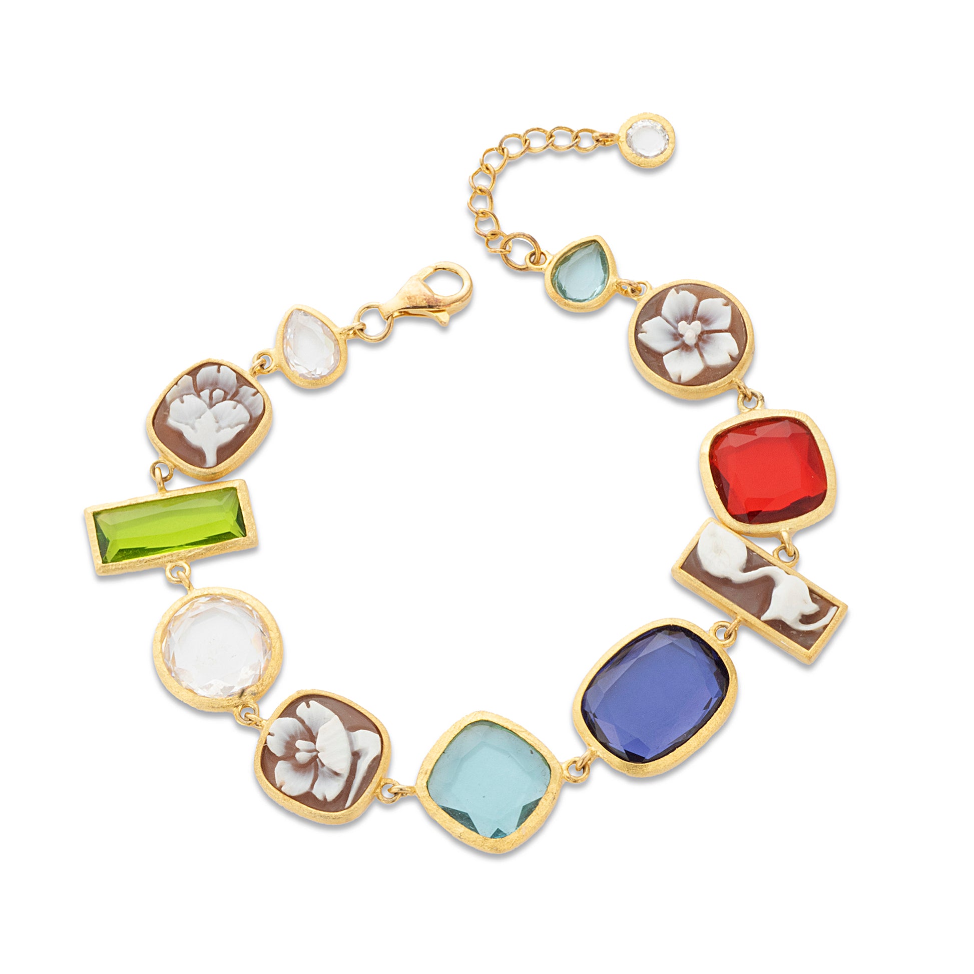Bracciale con pietre colorate e cammei raffiguranti fiori- Cameo Italiano