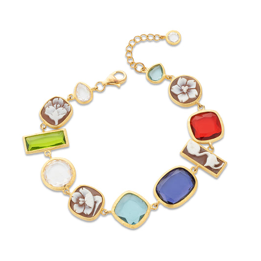 Bracciale con pietre colorate e cammei raffiguranti fiori- Cameo Italiano