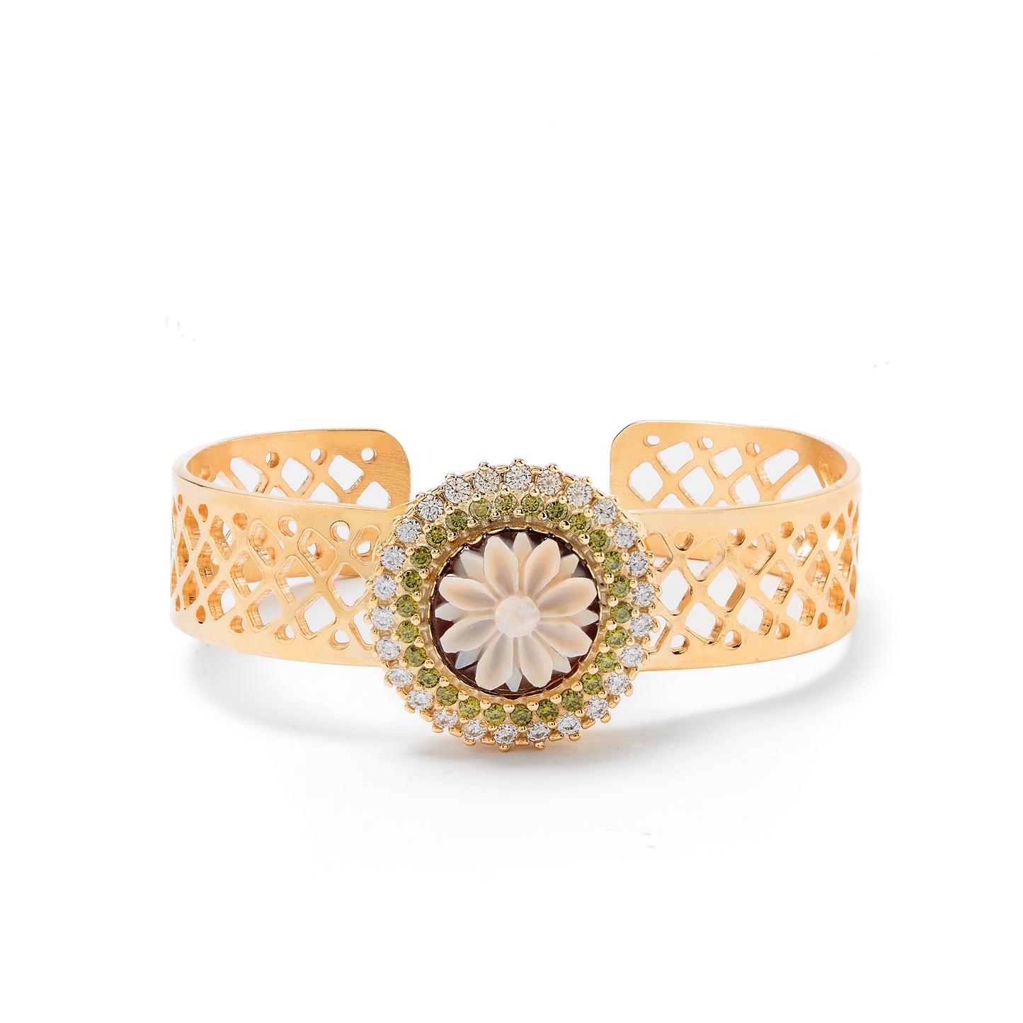 Bracciale dorato rigido con cammeo centrale e zirconia  - Russo Cammei