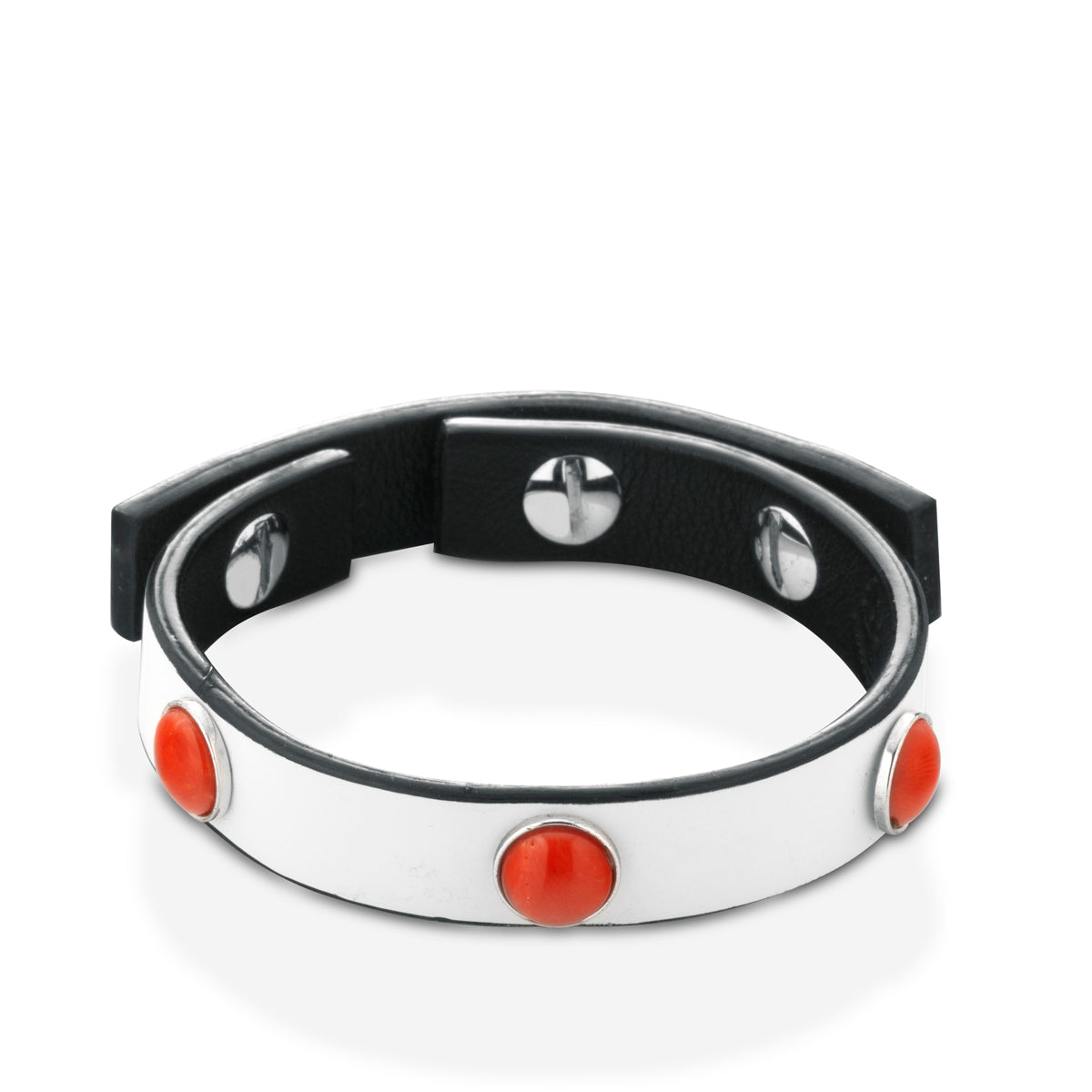 Bracciale a fascia in pelle bianca con spole di corallo rosso - Antonino De Simone