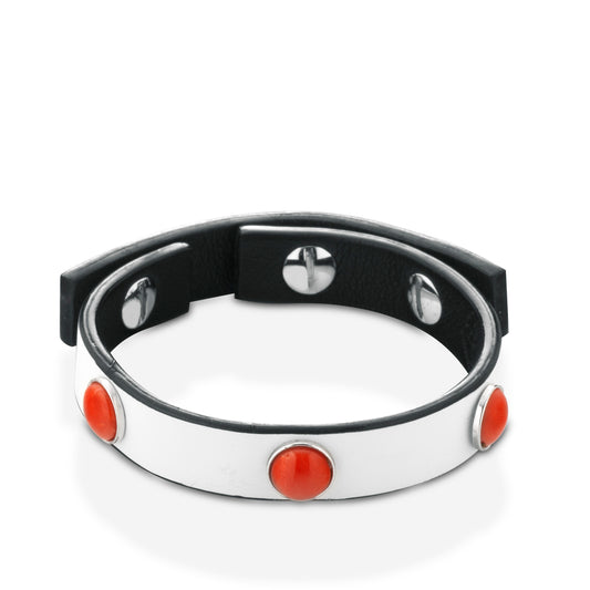 Bracciale a fascia in pelle bianca con spole di corallo rosso - Antonino De Simone