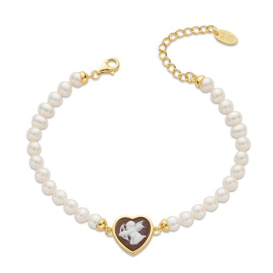Bracciale filo di perle con cammeo centrale a forma di cuore raffigurante putto- Cameo Italiano