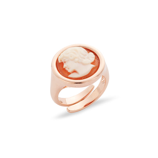 Anello placcato in oro 18kt con cammeo tondo raffigurante volto di donna- Cameo Italiano