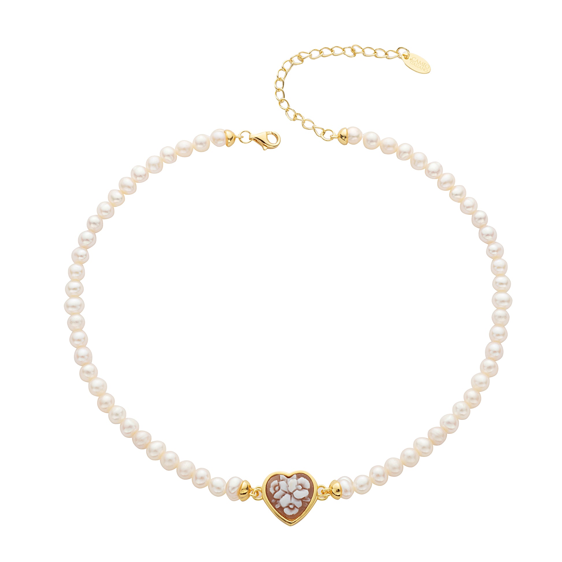 Collana filo di perle con cammeo centrale a forma di cuore con tris di fiori- Cameo Italiano