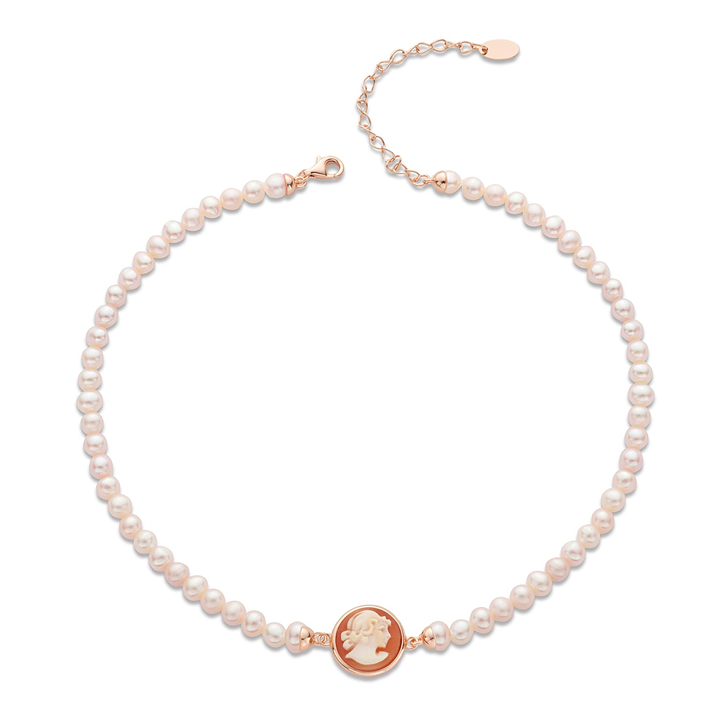 Collana filo di perle con cammeo centrale tondo con inciso volto di donna- Cameo Italiano