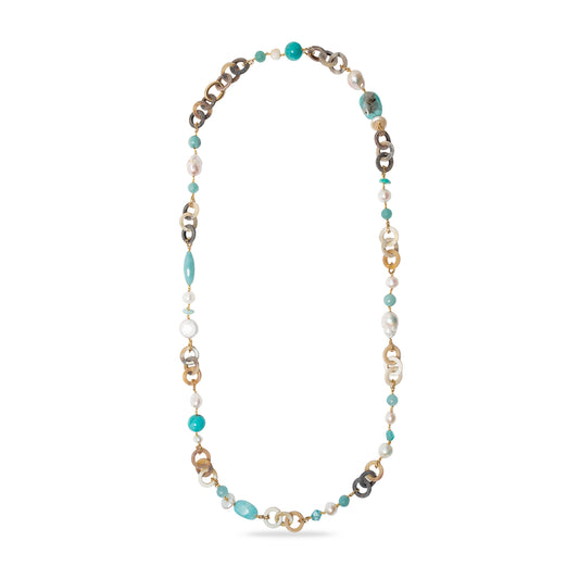 Collana modello Chanel con anellini in corno, perle e pietre turchesi