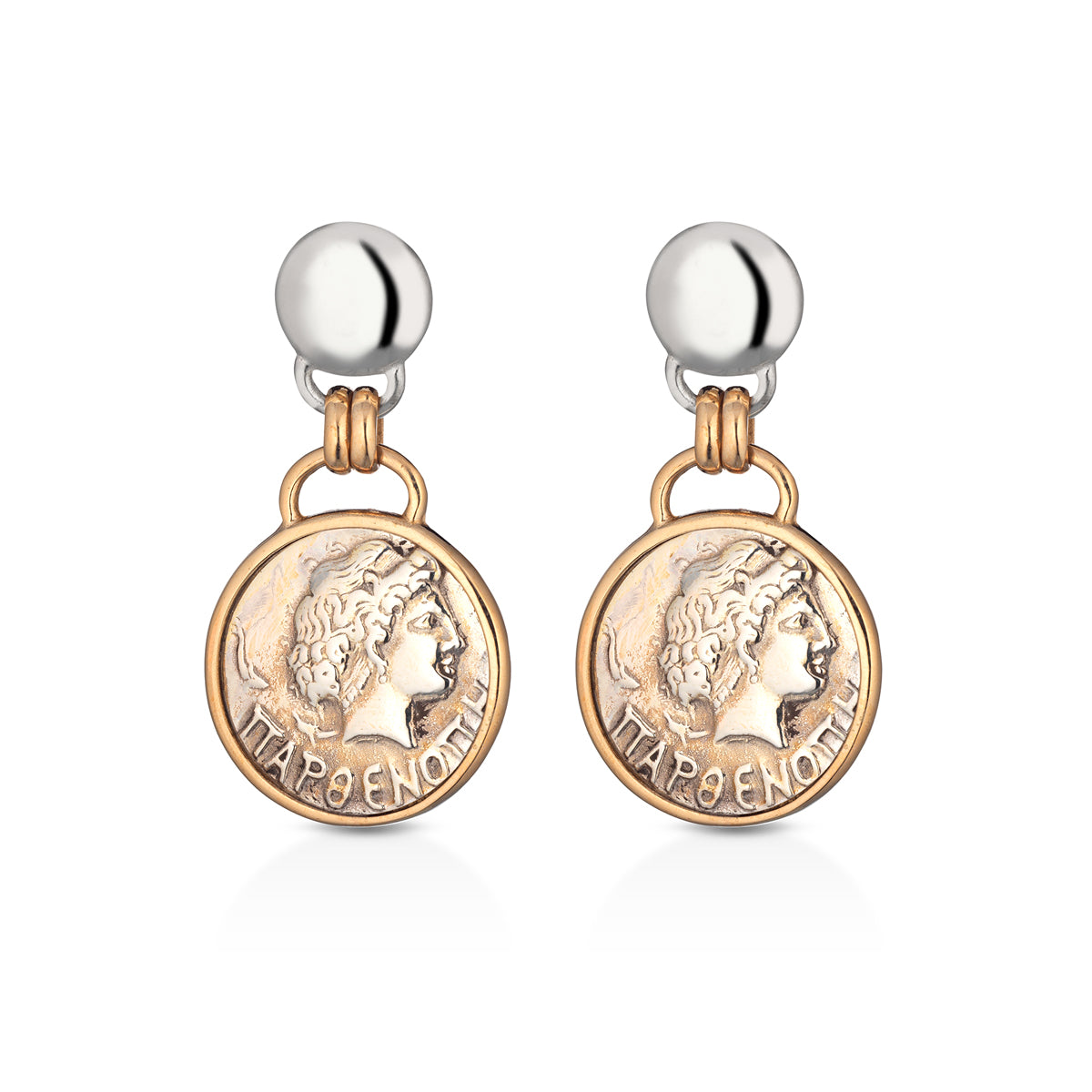 Orecchini pendenti in bronzo e argento con la raffigurazione di Parthenope - D. De Maria