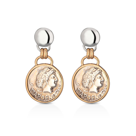 Orecchini pendenti in bronzo e argento con la raffigurazione di Parthenope - D. De Maria