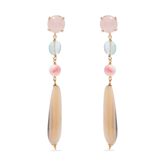 Orecchini pendenti con triade di pietre semipreziose e goccia in corno - Amlé