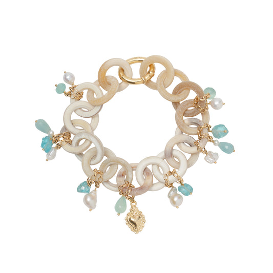 Bracciale con anellini in corno, perle, pietre turchesi e cuore sacro - Amlé