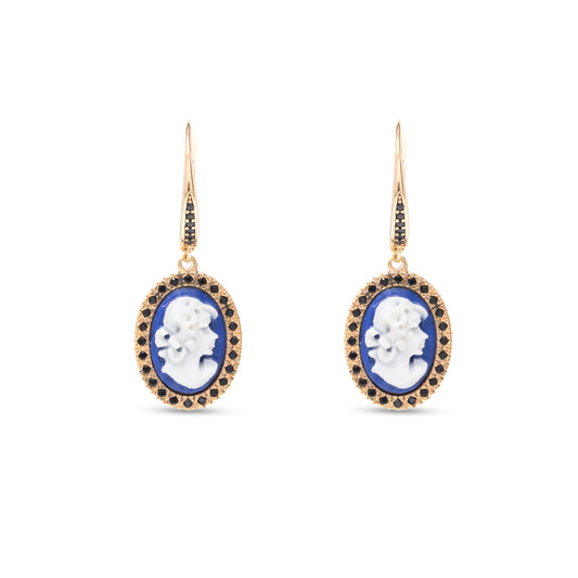 Orecchini in pietra minerale blu con cammeo raffigurante un volto di donna - Cameo Italiano