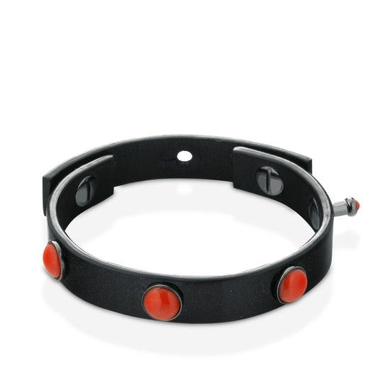 Bracciale a fascia in pelle nera con spole di corallo rosso