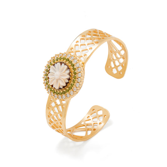 Bracciale dorato rigido con cammeo centrale e zirconia