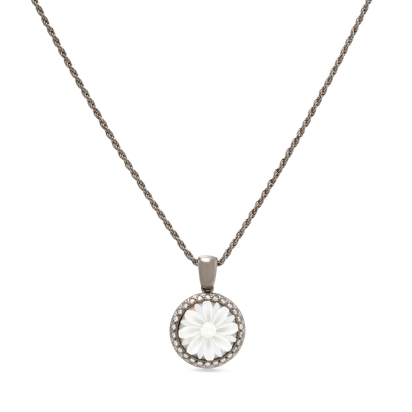 Collana con ciondolo in argento 925 rodiato nero e cammeo di conchiglia