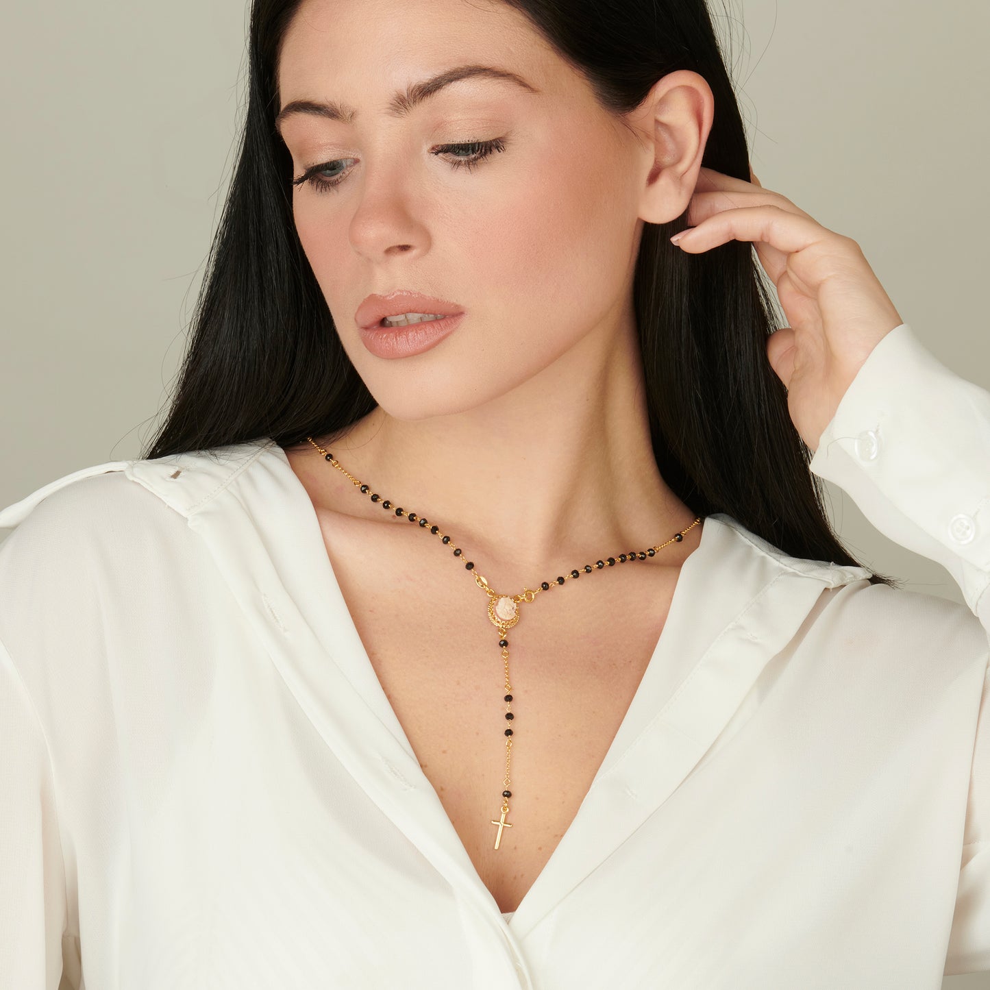 Collana Rosario con cammeo in argento dorato e onice - Russo Cammei