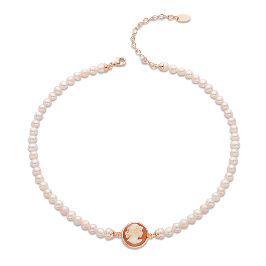 Collana filo di perle con cammeo centrale tondo con inciso volto di donna- Cameo Italiano