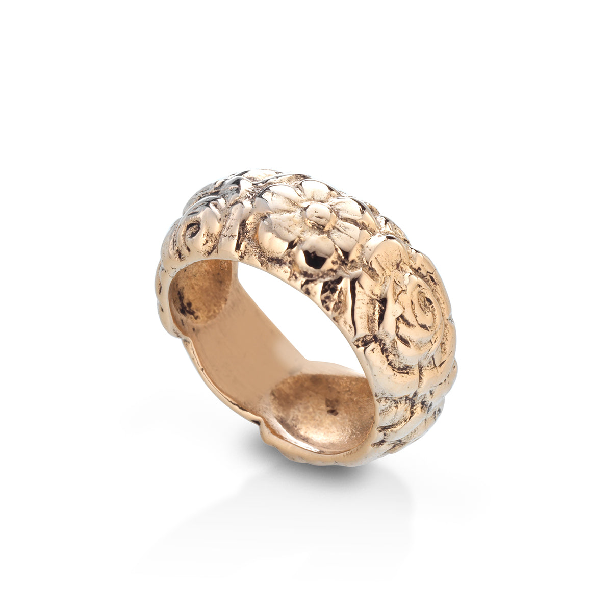 Anello con trama di rose, in argento o bronzo. Collezione Rosa Rose