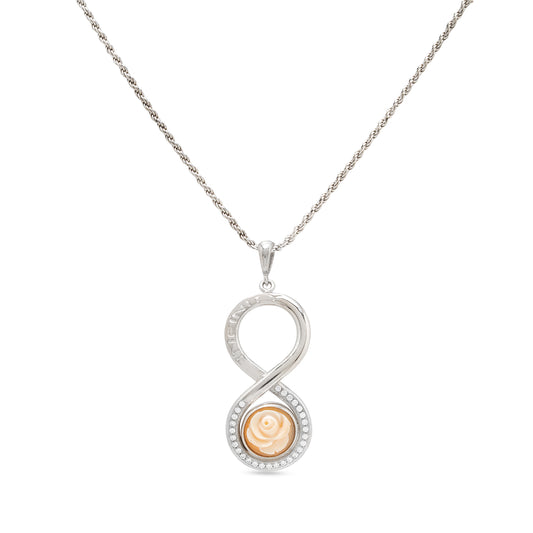Pendente Infinity in argento 925 con zirconia e cammeo di conchiglia