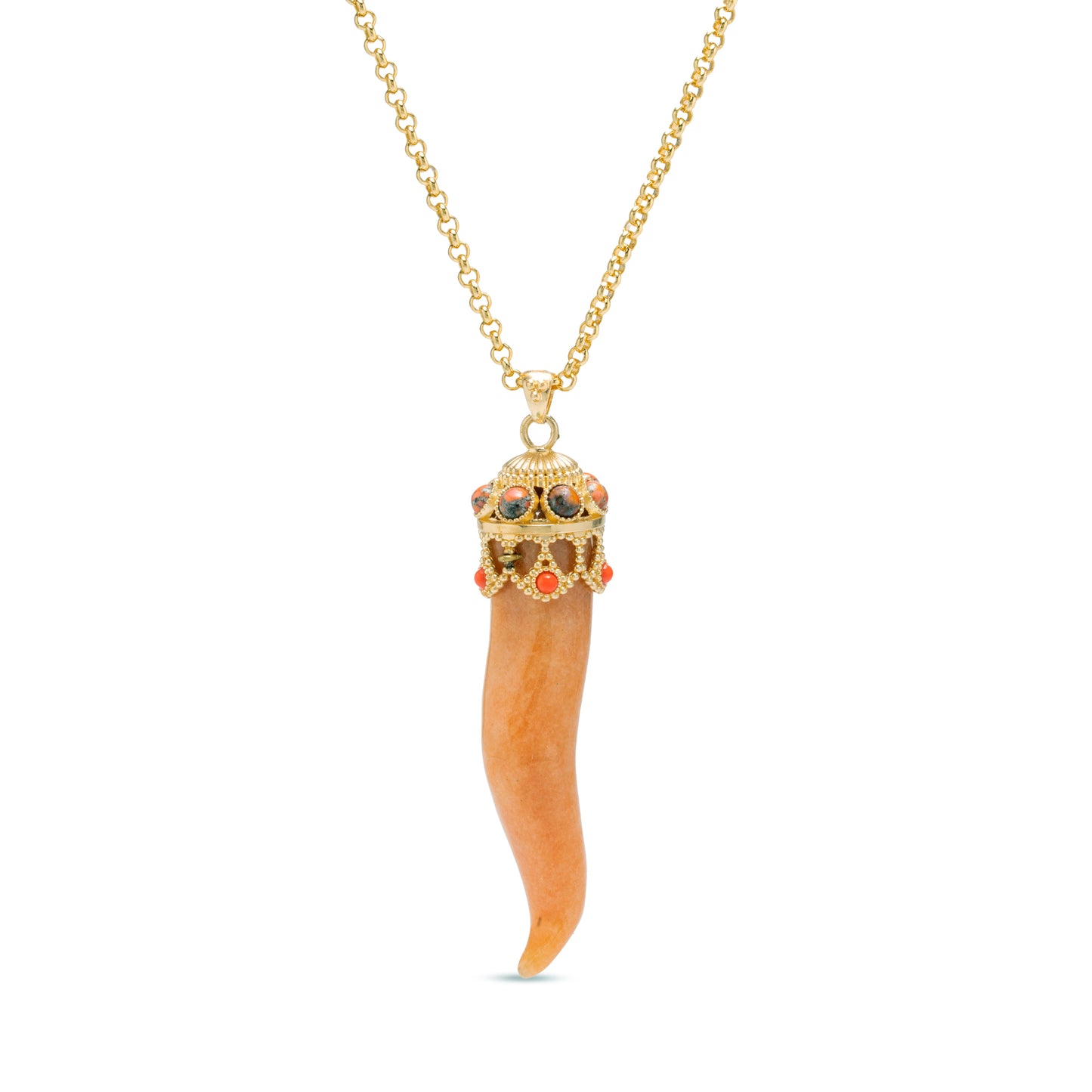 Elegante corno portafortuna in quarzo arancio con collana lunga